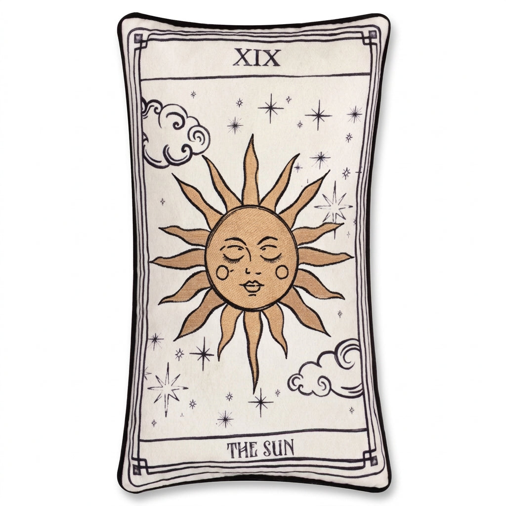 Celestial Stories Sun tarot cushion front view on a white background