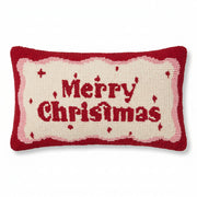 Merry Christmas tufted cushion in red and white on a white background