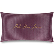 Pick Your Poison velvet cushion with gold script on plum stripes