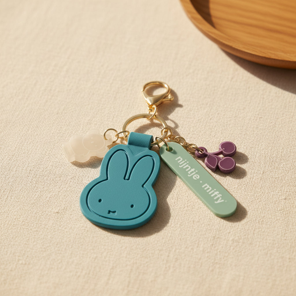 Teal Miffy bag charm with cherry, bear and name tag charms on a gold clasp