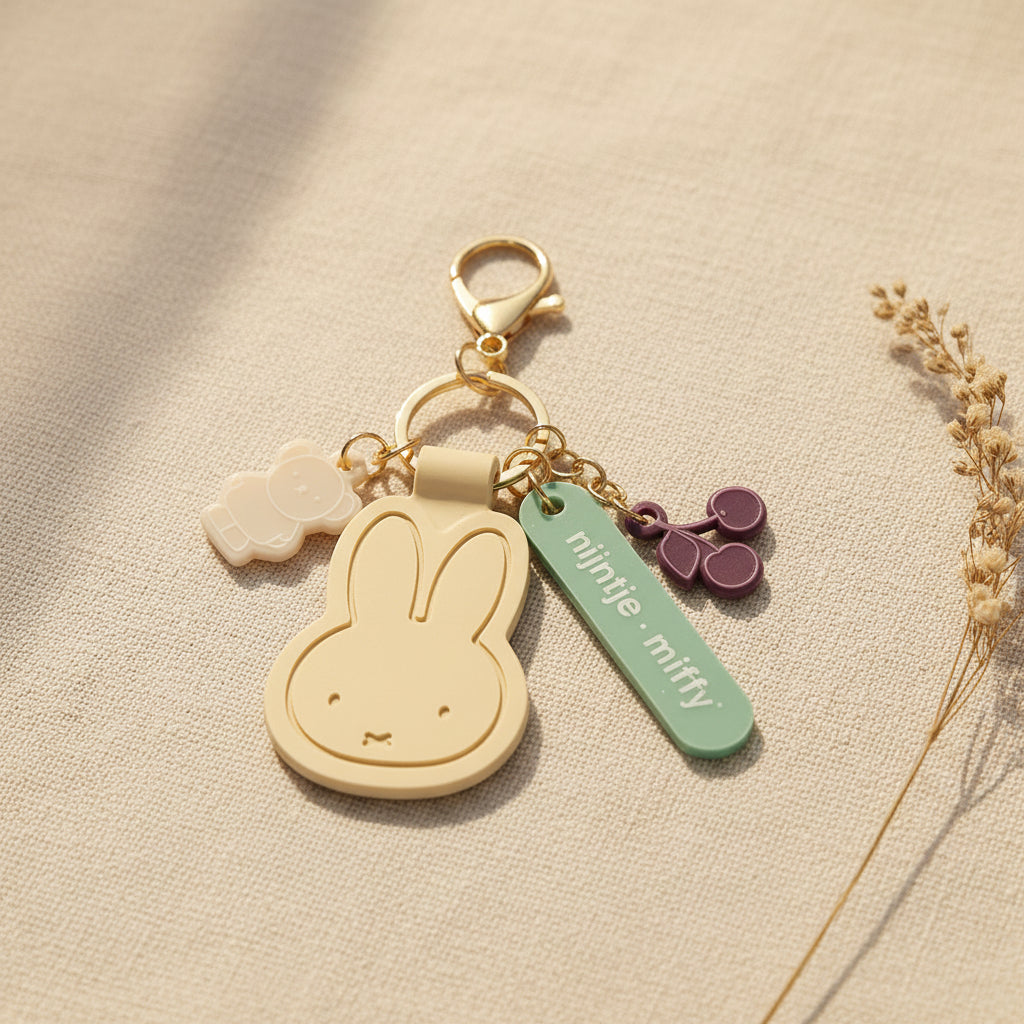 Pale yellow Miffy bag charm with cherry, bear and name tag on a gold clasp