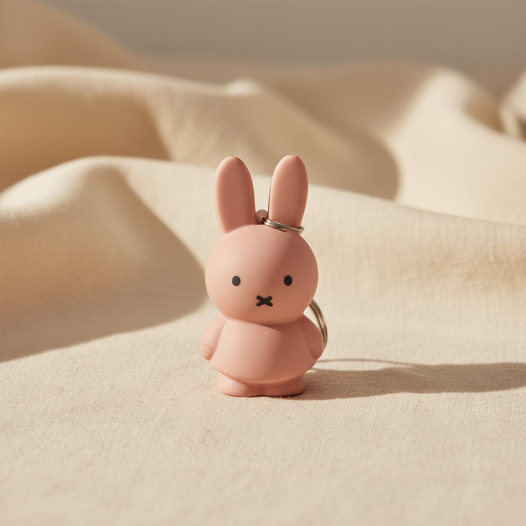 Moulded powder pink Miffy figure with a silver split ring, front view