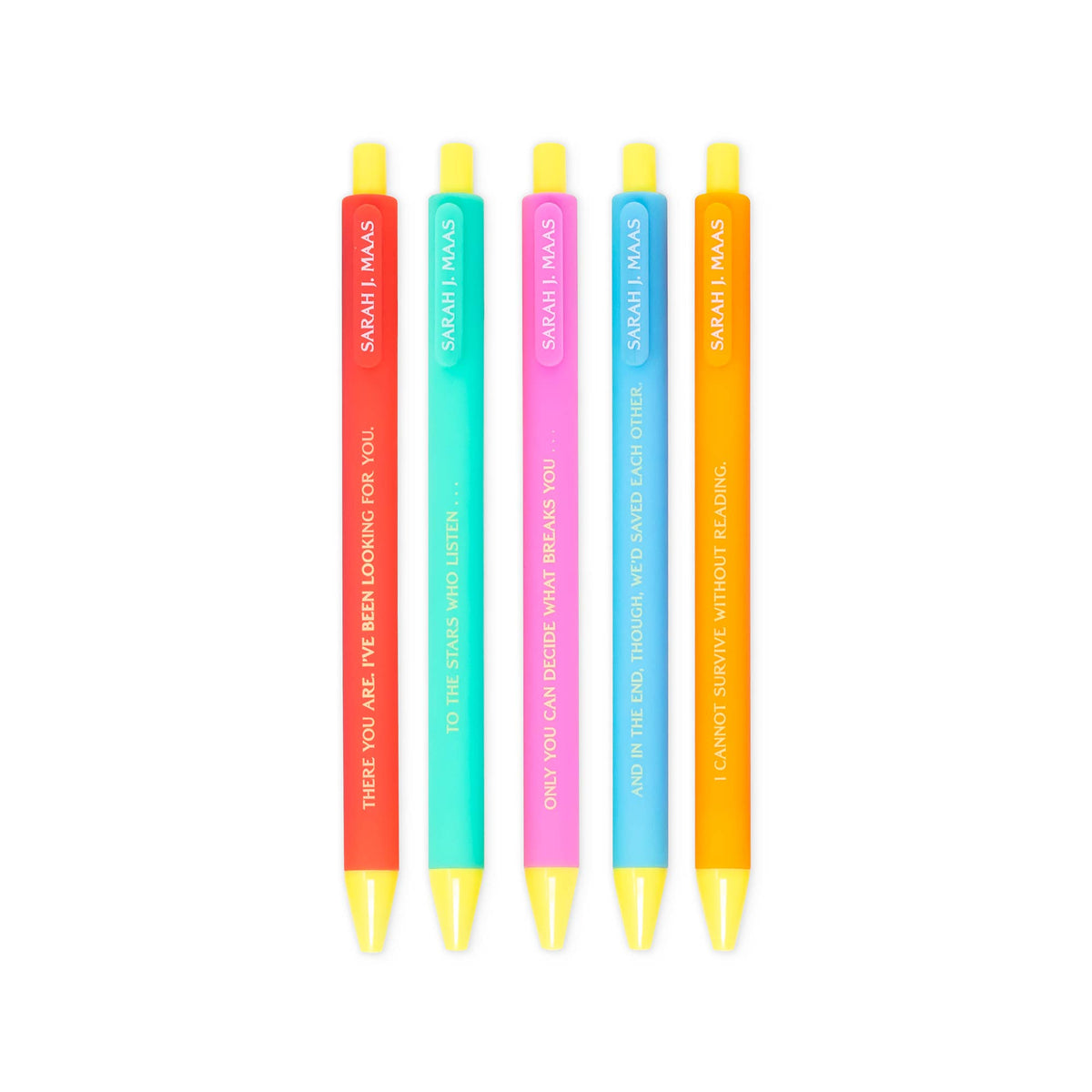 A Court of Thorns and Roses Click Pen Set, five coloured quote pens