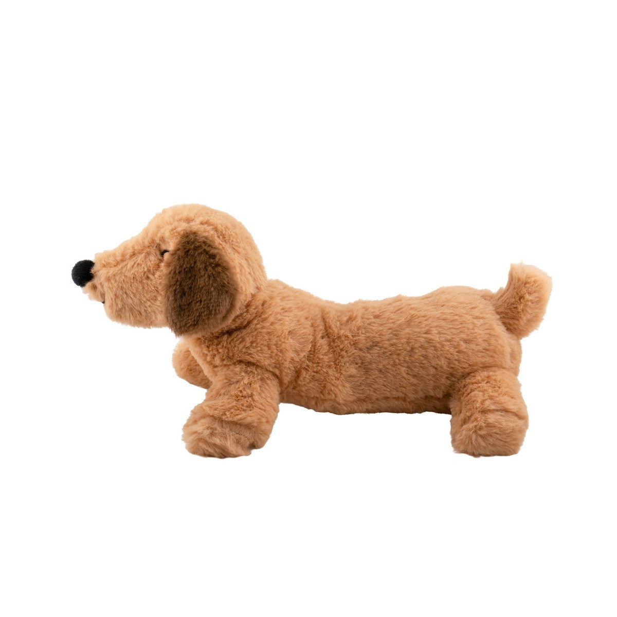 Sausage dog soft toy seen from the side on a white background