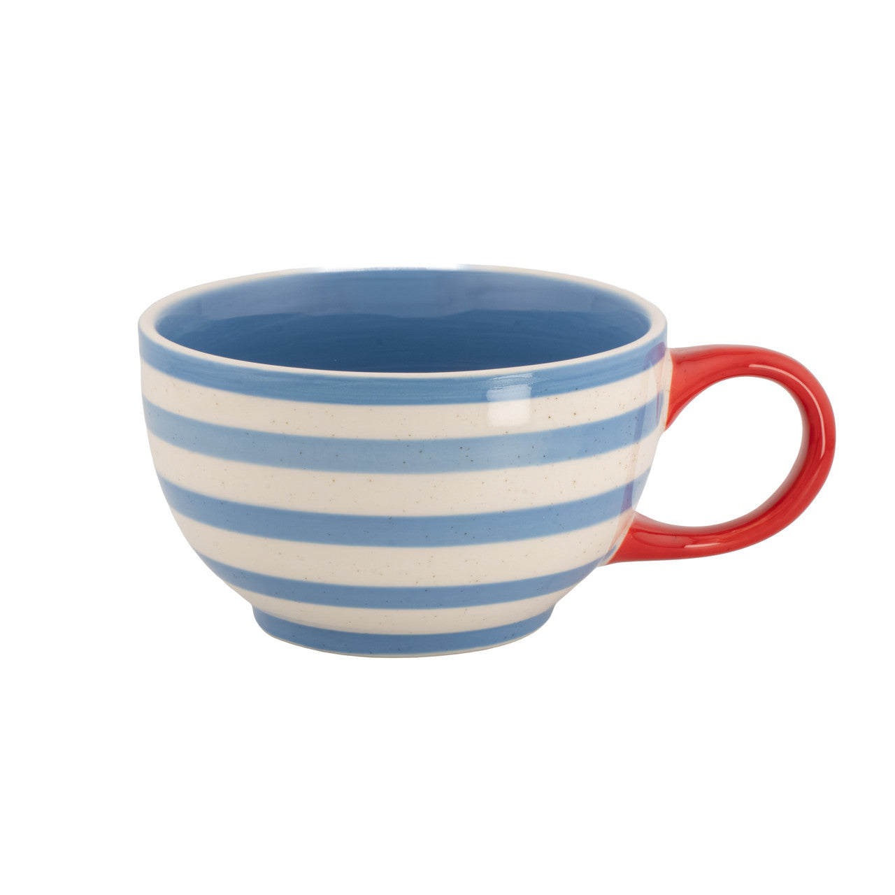Blue and cream striped cup with a red handle on a white background