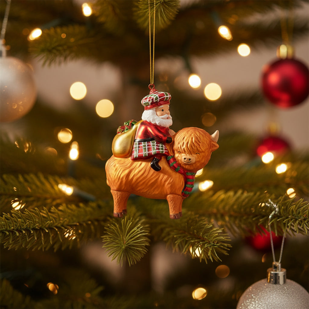 Scottish Santa on Highland Cow Shaped Bauble hanging against softly blurred evergreen branches