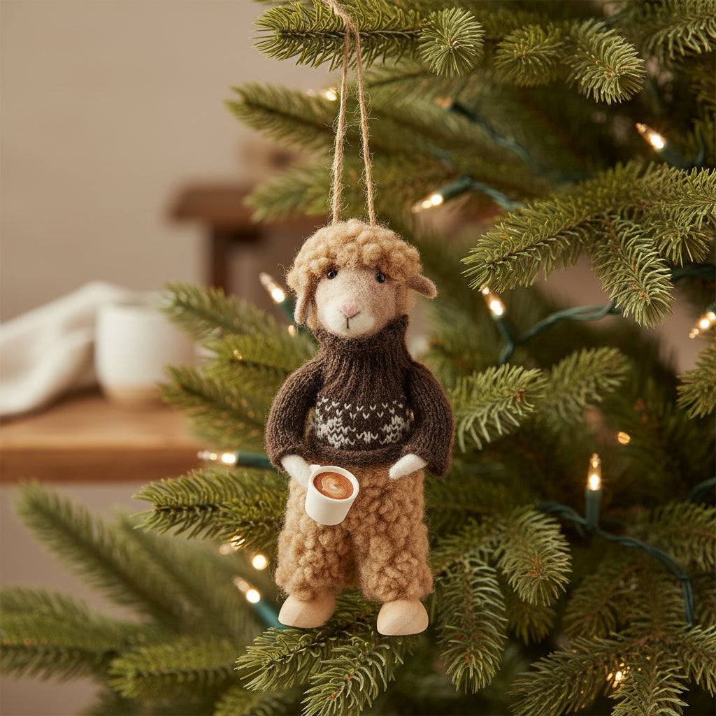 Sheep with Coffee Cup Felt Decoration on soft cream linen beside a sprig of dried eucalyptus