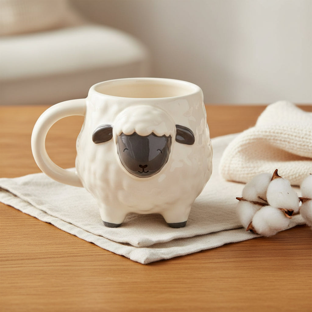 Sheep Shaped Mug on a warm wooden table with soft morning light