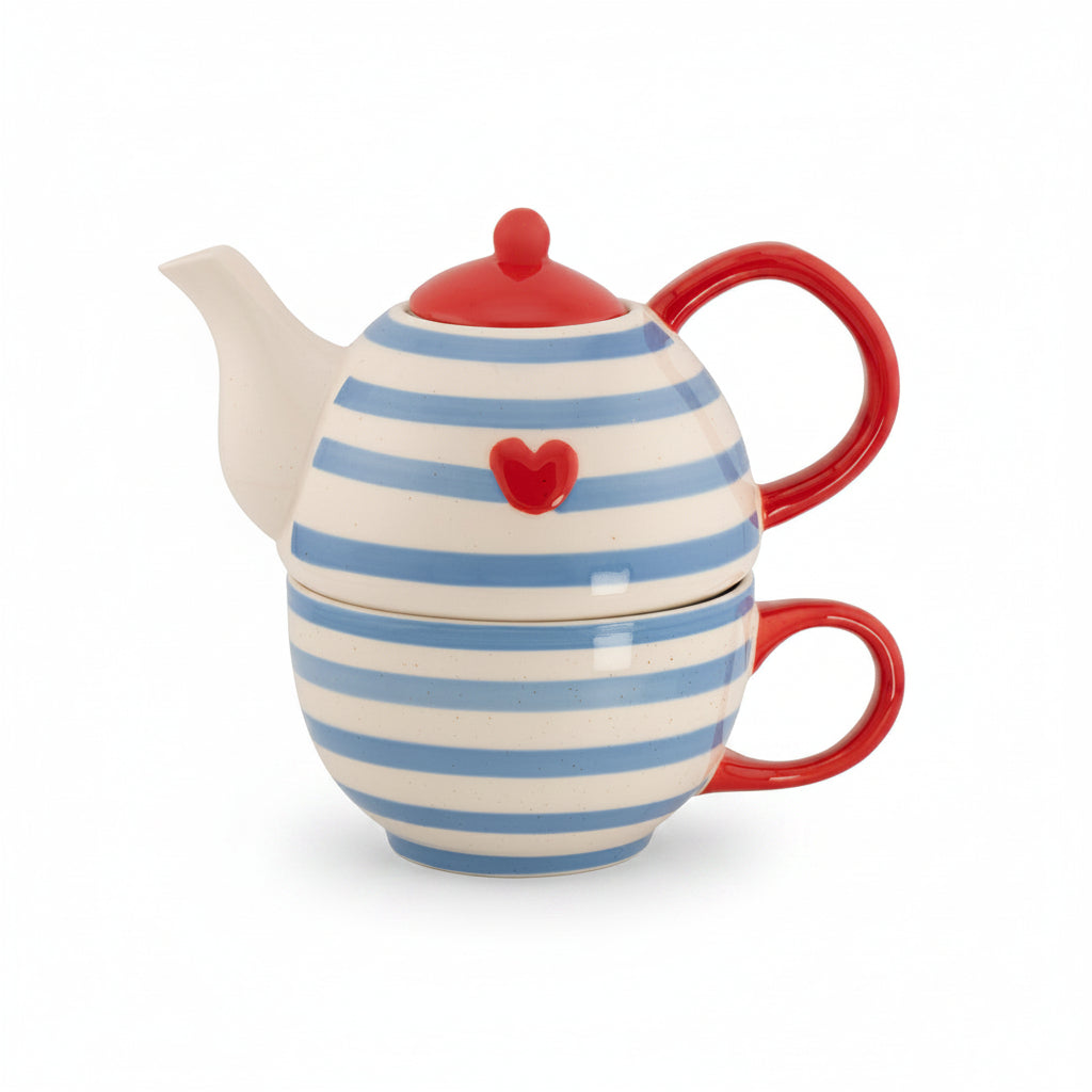 Blue striped stoneware teapot stacked on a matching cup with red handles