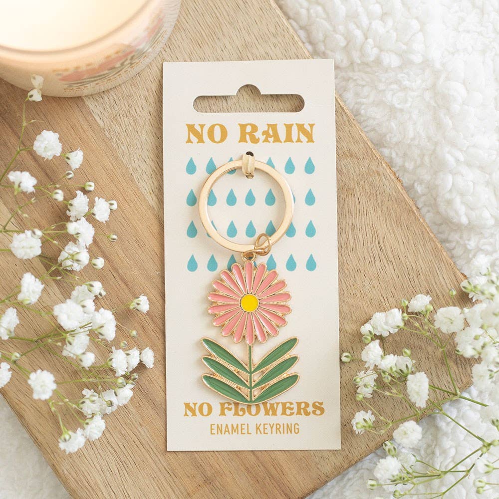 Keyring on beige packaging card with white flowers in background