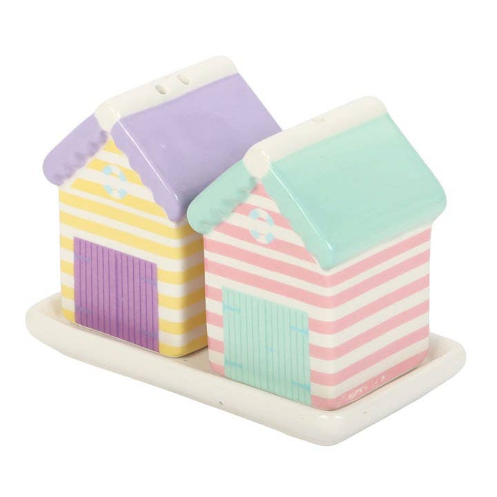 Beach hut shakers rear angled view showing dispensing holes on white background
