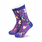 Purple bamboo socks covered in dogs wearing festive party hats