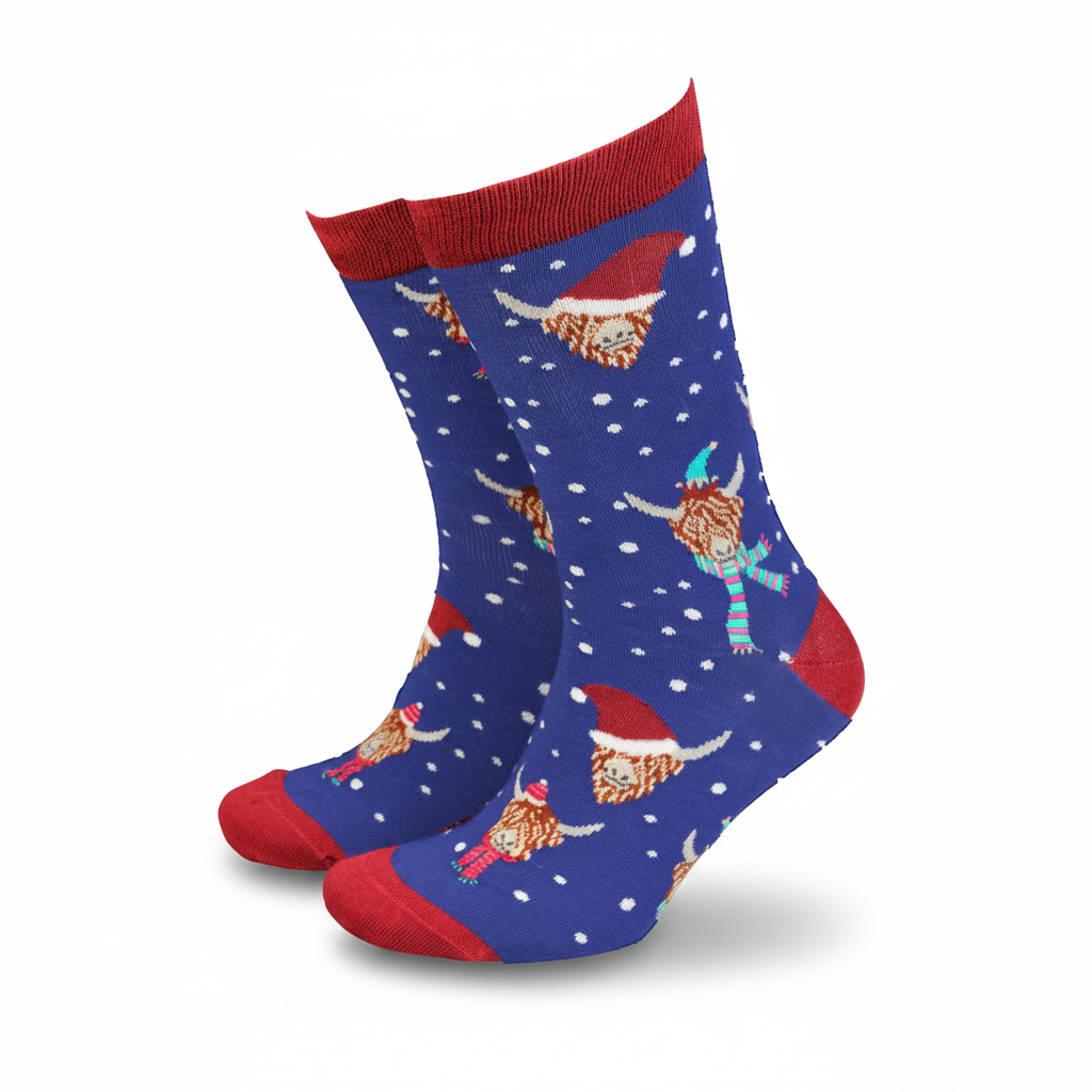 Navy bamboo socks with Highland cows in Santa hats and red trims