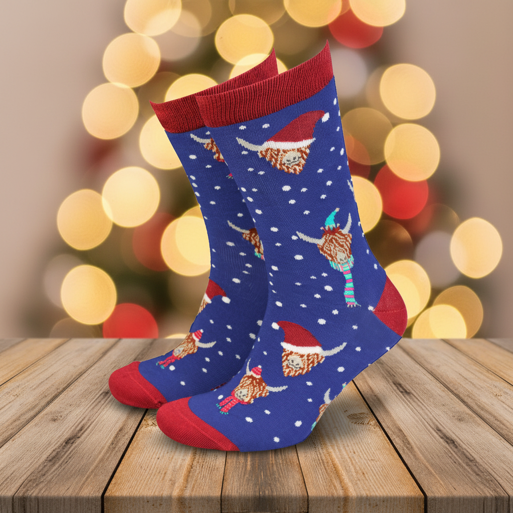 A pair of crew socks with a festive Christmas theme, featuring gingerbread men and snowman patterns on a dark blue background with white snowflakes, red cuffs, heels, and toes.