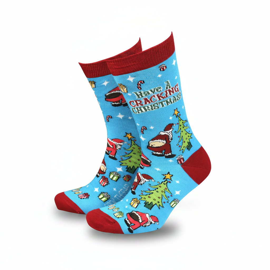 Pale blue bamboo socks with Christmas crackers, trees and puddings