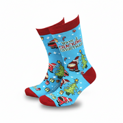 Pale blue bamboo socks with Christmas crackers, trees and puddings