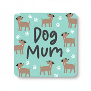 Mint green coaster with brown dogs, paw prints and Dog Mum text