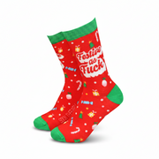 Red festive bamboo sock worn on a leg with green cuff and toe