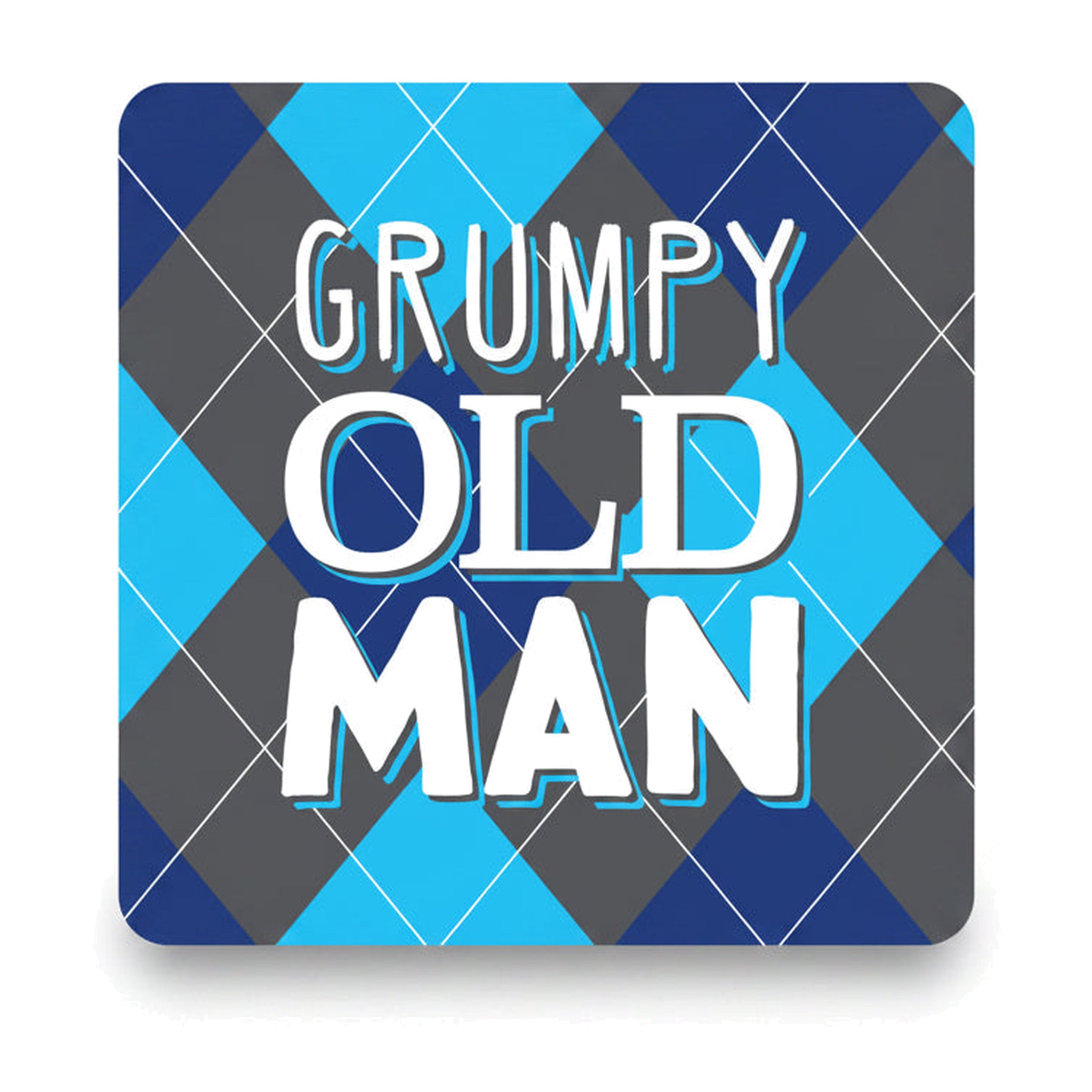 Blue and grey argyle coaster with Grumpy Old Man lettering