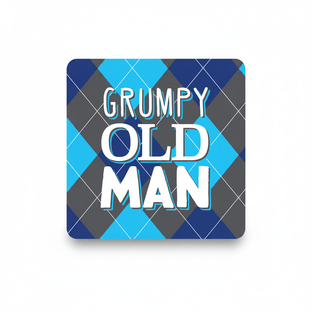 Blue and grey argyle coaster with Grumpy Old Man lettering