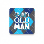 Blue and grey argyle coaster with Grumpy Old Man lettering