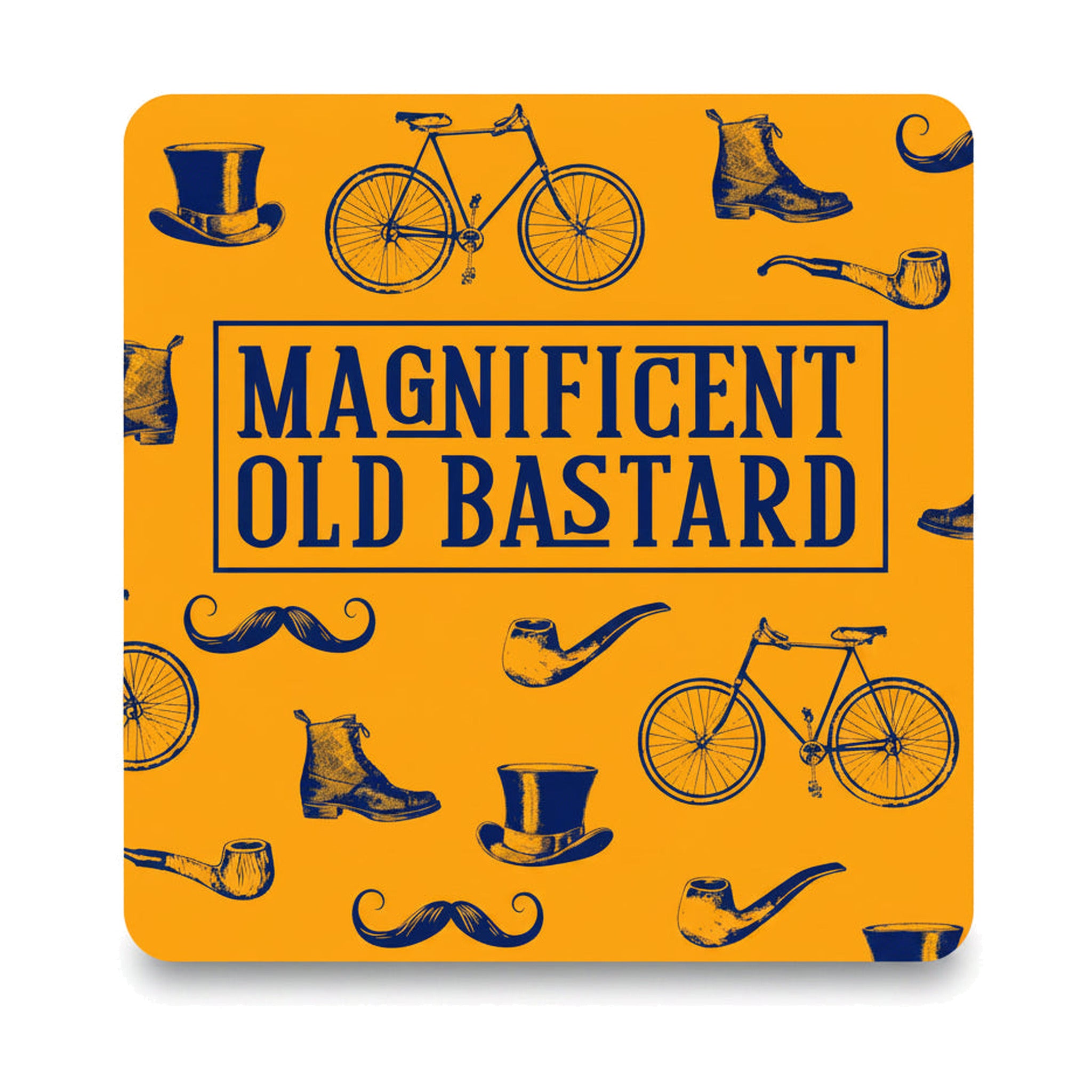 Mustard yellow coaster with top hats, pipes and penny farthings