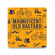 Mustard yellow coaster with top hats, pipes and penny farthings