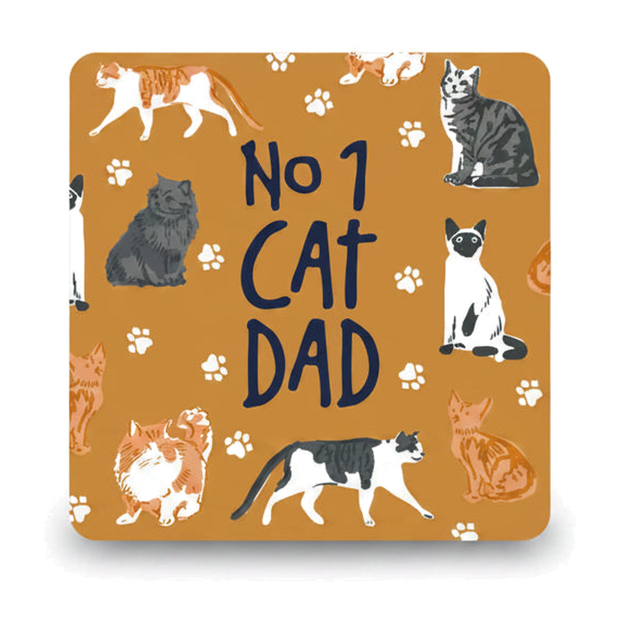 Rust orange coaster covered in cats with No 1 Cat Dad lettering