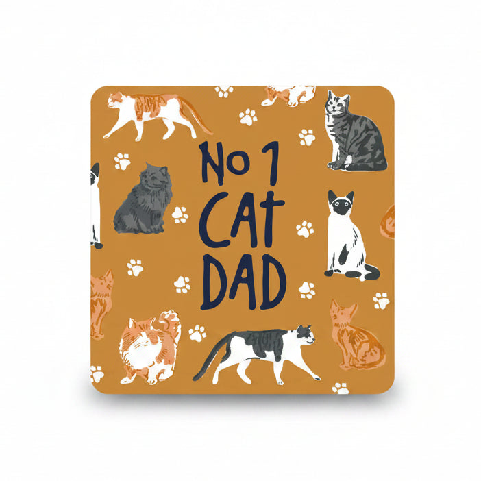 Rust orange coaster covered in cats with No 1 Cat Dad lettering