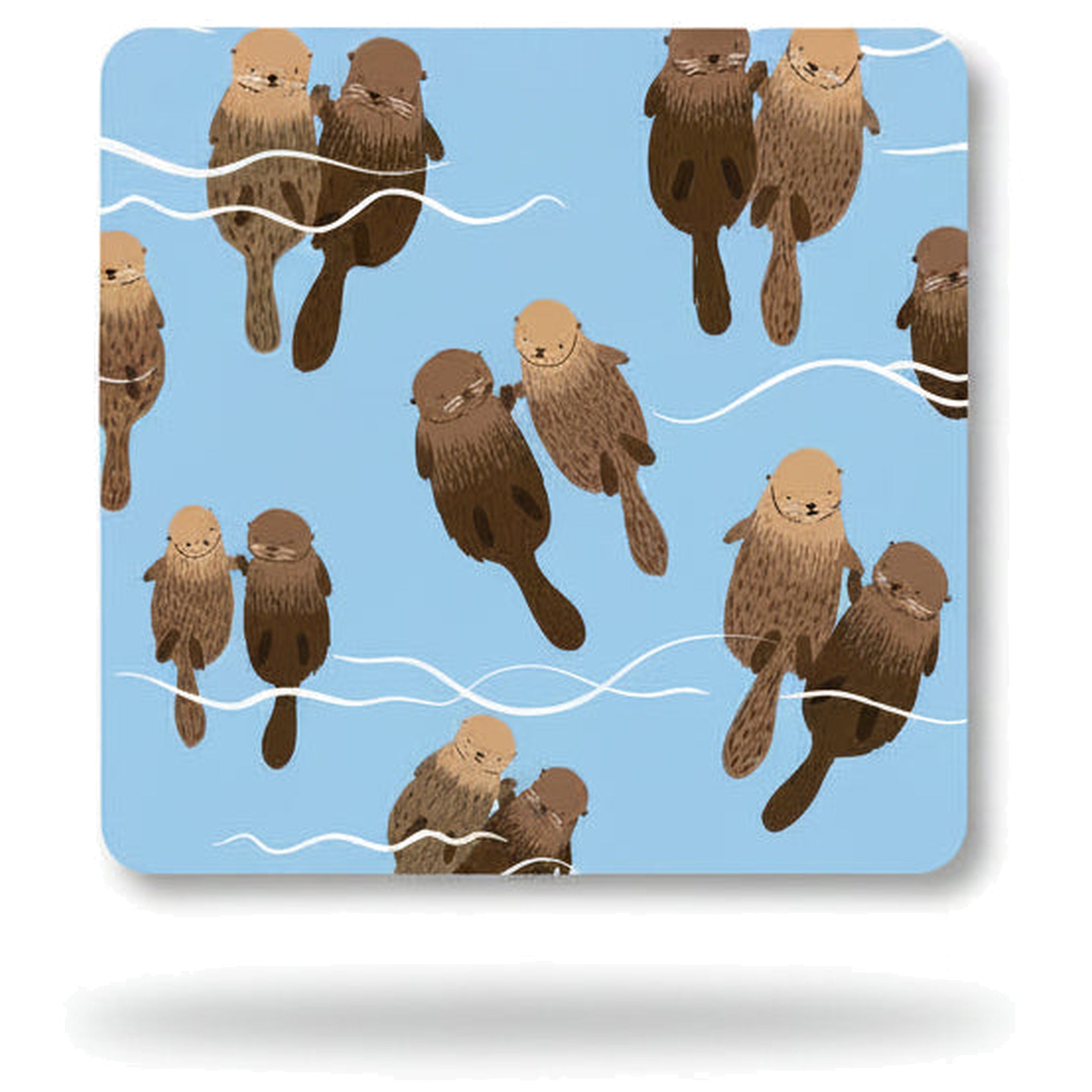 Pale blue coaster with pairs of otters floating and holding paws