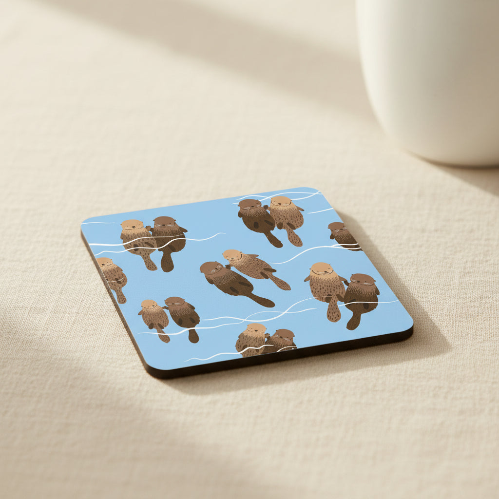 A repeating pattern illustration of cartoon otters floating on a light blue background with thin white curved lines.