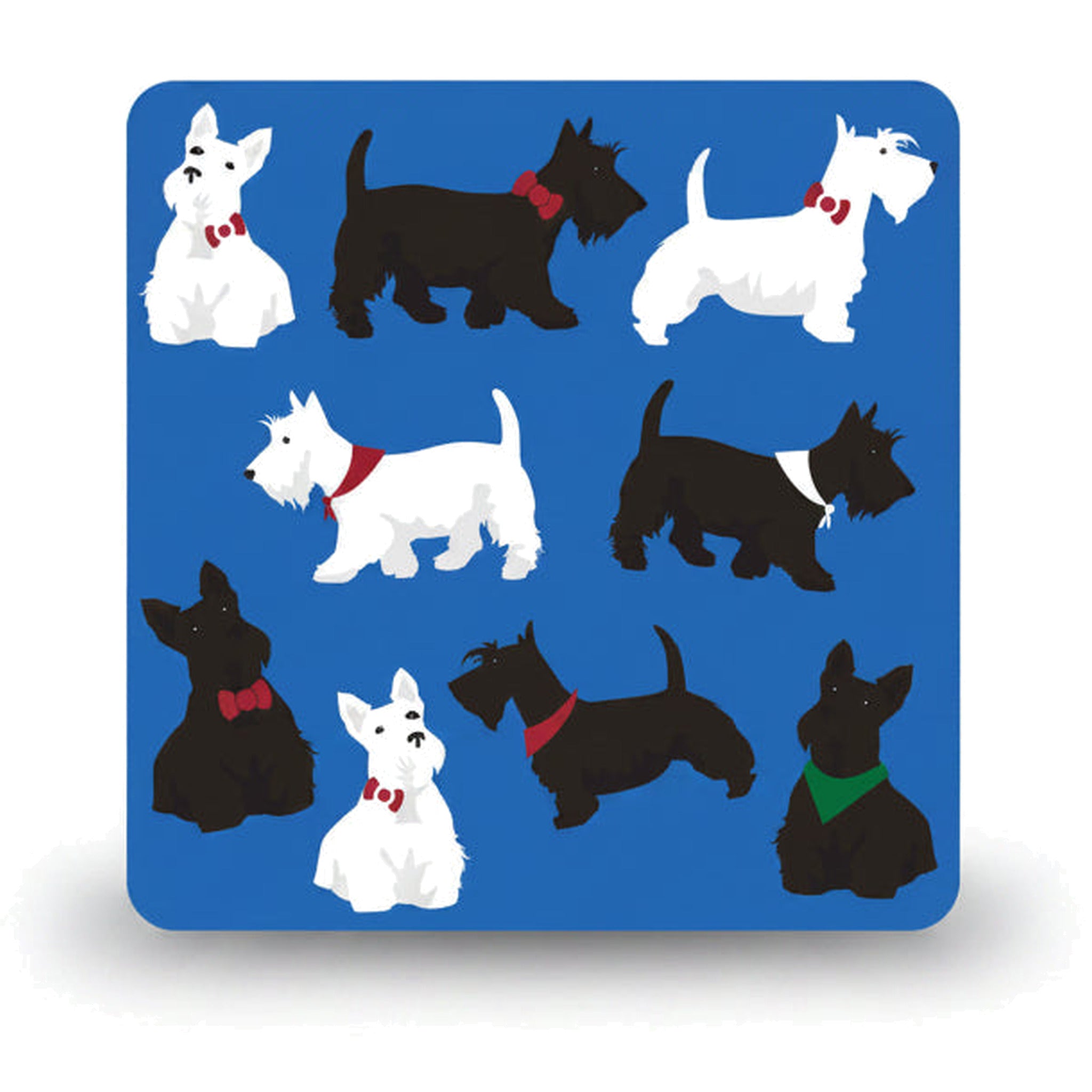 Navy coaster with black and white Scottie dogs in collars