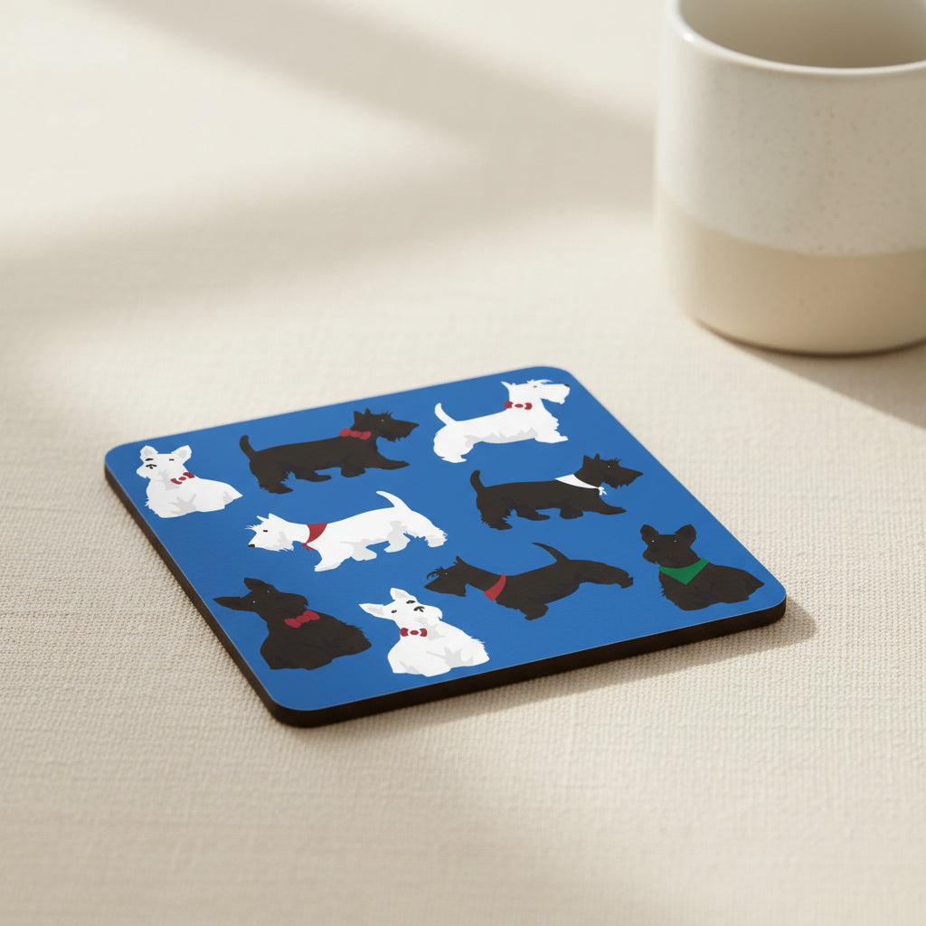 A square graphic with rounded corners featuring nine cartoon Scottie Dog illustrations in black and white, each wearing a red bow tie or green bandana, arranged on a blue background.