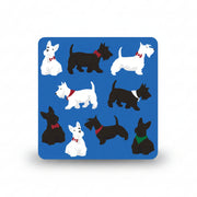Navy coaster with black and white Scottie dogs in collars