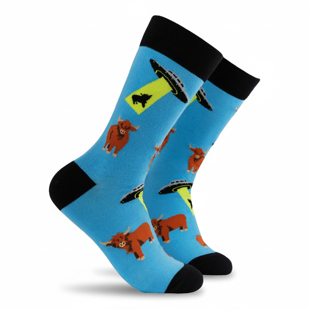 Bright blue socks with UFOs abducting Highland cows on a white background