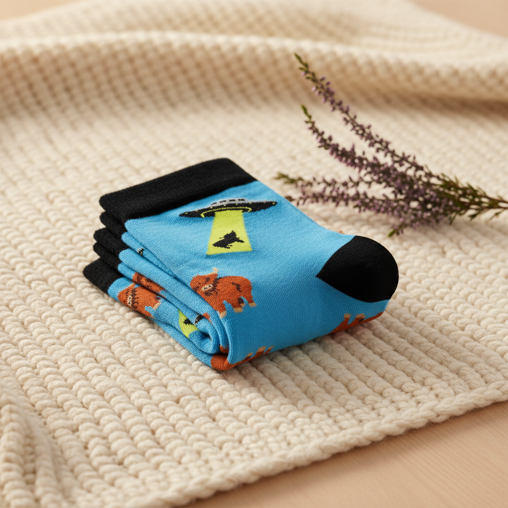 A pair of crew socks with a bright blue background, featuring cartoonish brown Scottish Highland cows, black and gray flying saucers, and a black cuff and toe.
