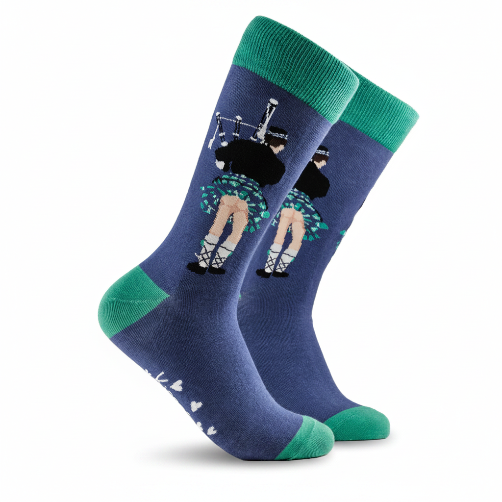 Blue kilted piper socks with green cuff and toe on a white background