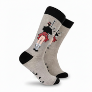 Grey kilted piper socks with black cuff and toe on a white background