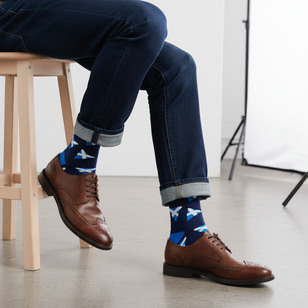 Navy socks printed with white and blue Saltire bunting on a white background