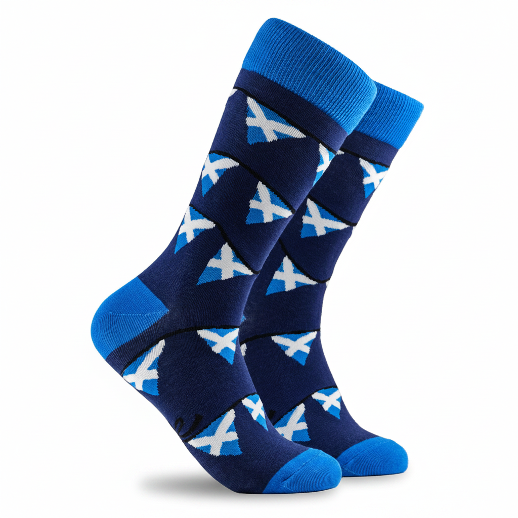 A pair of navy blue crew socks with a repeating pattern of white and light blue saltire flags, featuring bright blue heels, toes, and cuffs, shown against a plain white background.