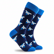 A pair of navy blue crew socks with a repeating pattern of white and light blue saltire flags, featuring bright blue heels, toes, and cuffs, shown against a plain white background.