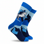 Navy socks with a white unicorn and blue Highland peaks on a white background