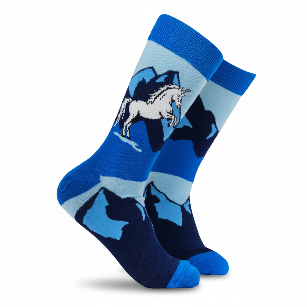 Navy socks with a white unicorn and blue Highland peaks on a white background