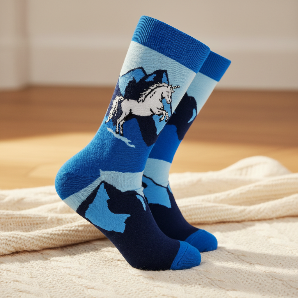 A pair of crew socks featuring a graphic design of a white unicorn standing on dark blue mountains against a light blue and dark blue striped background, with a solid blue cuff and toe.
