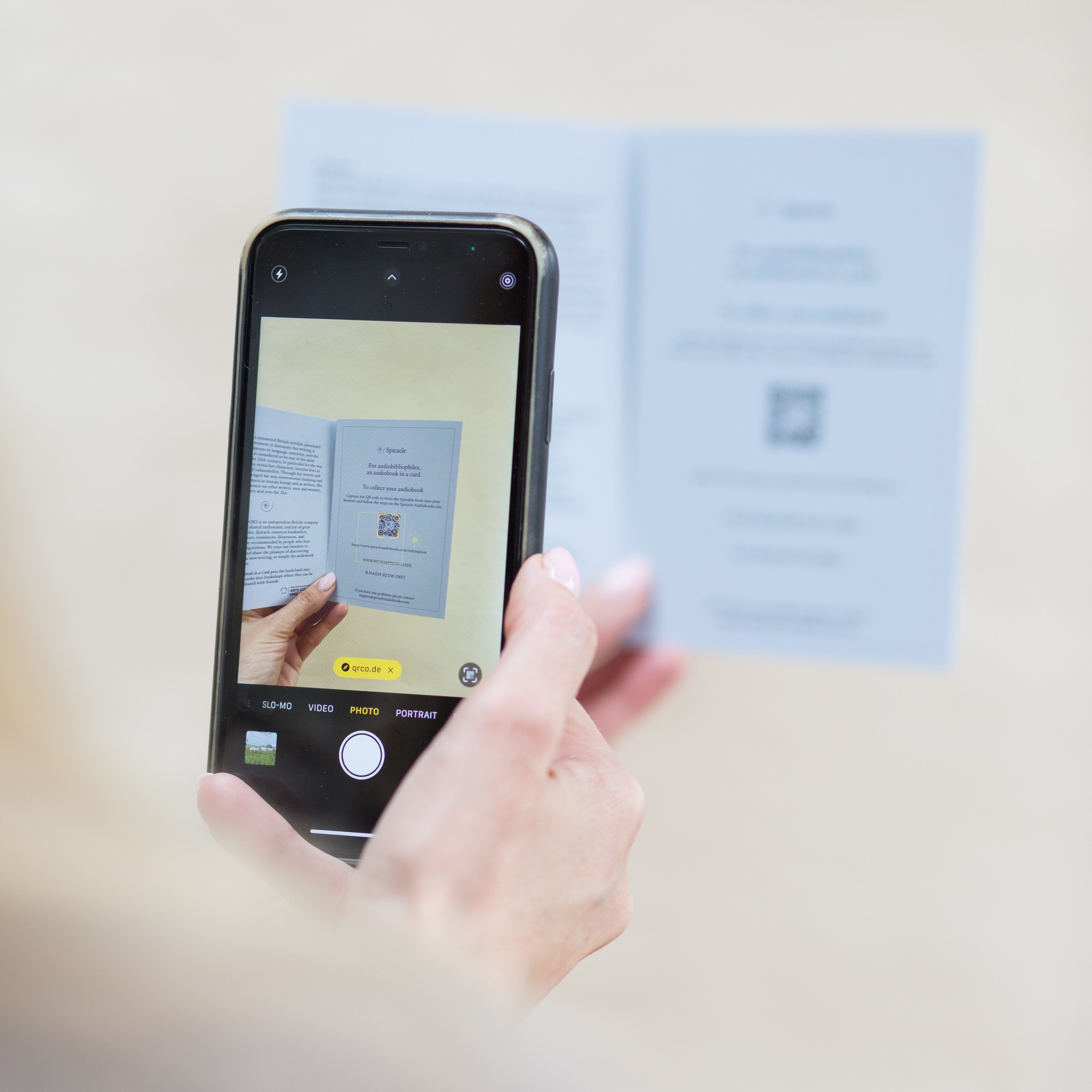 Close up of the QR code inside a Spiracle audiobook card