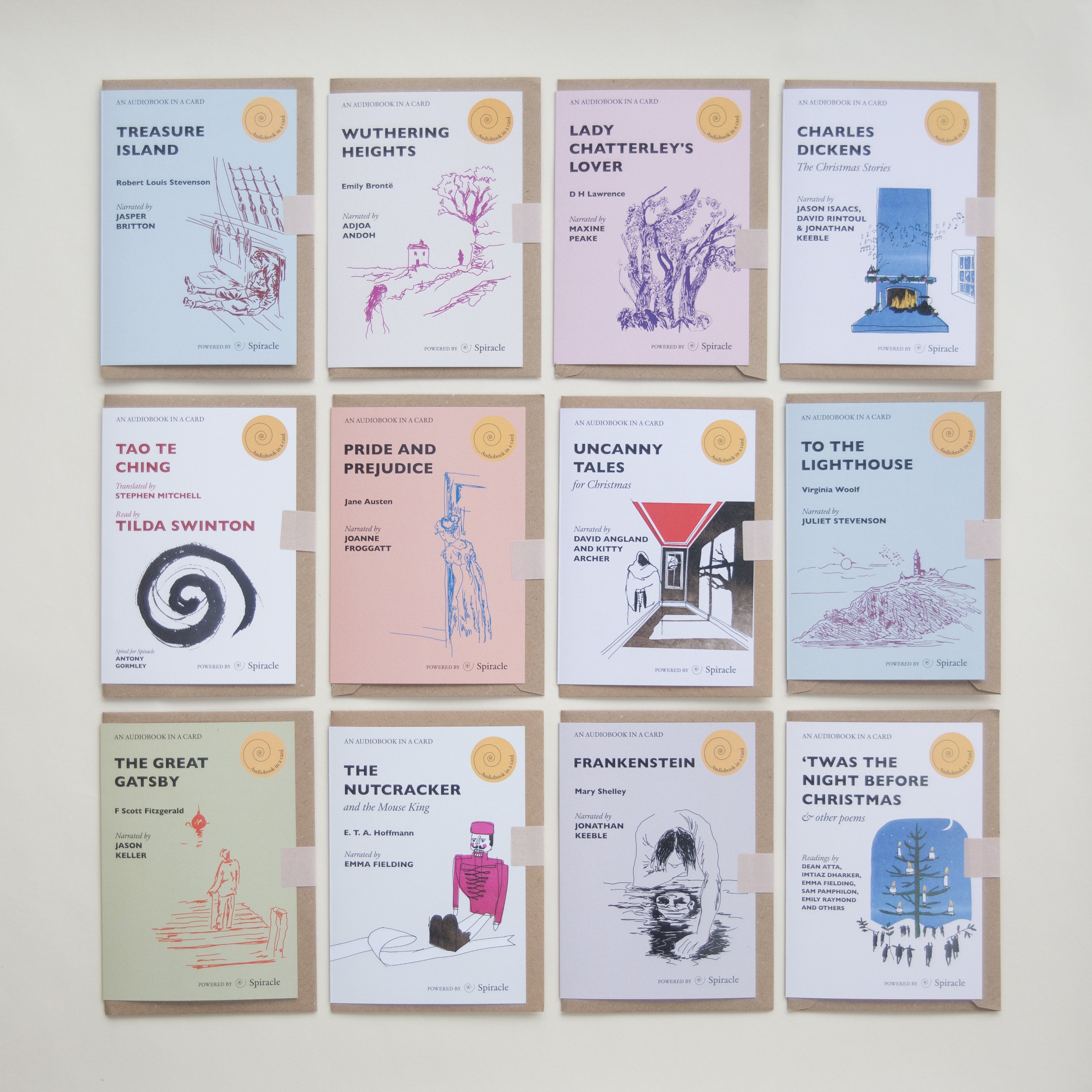 Several Spiracle Audiobook in a Card designs laid out together
