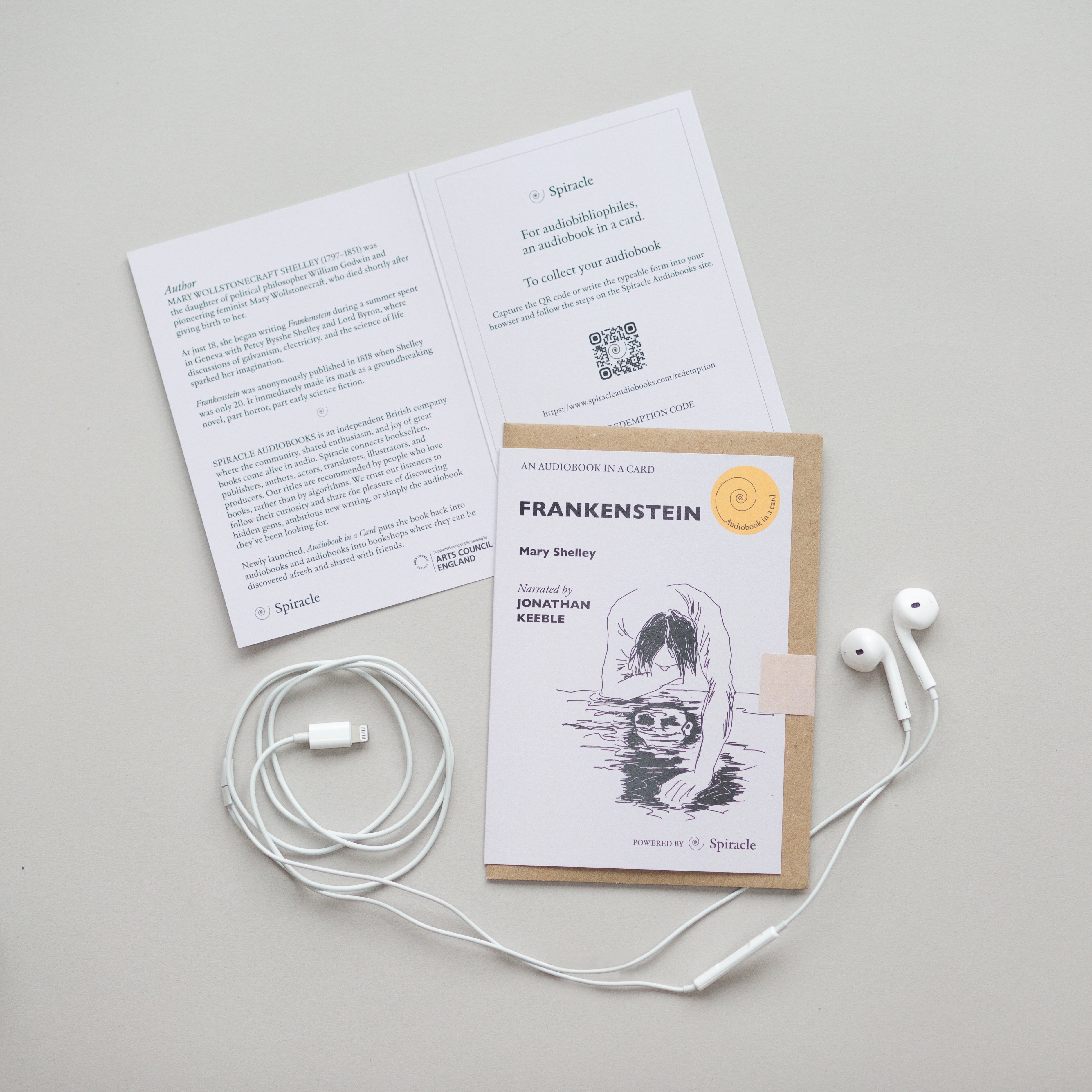 Frankenstein audiobook card opened to show the blank inside and QR code