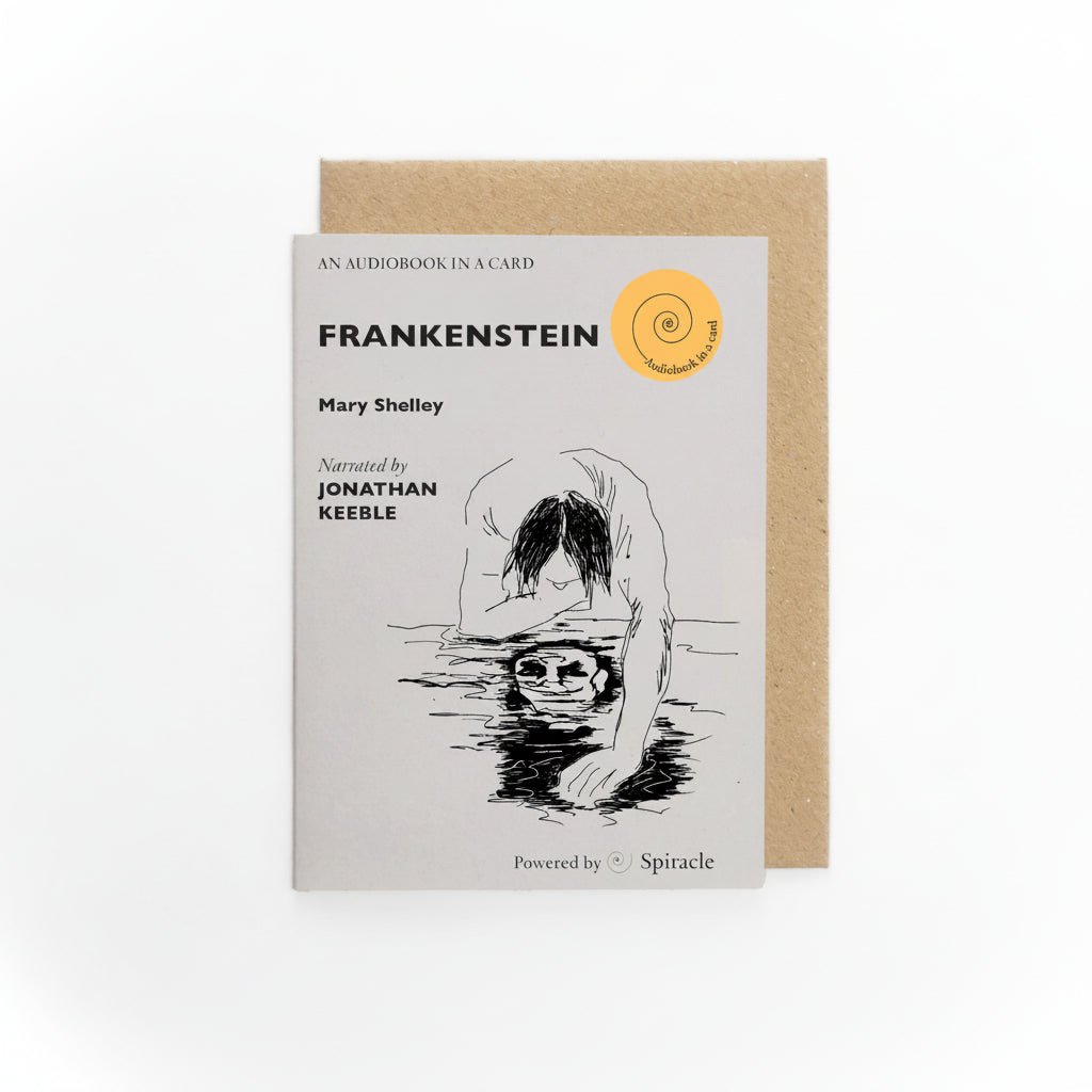 Frankenstein Audiobook in a Card, pale grey card with a black line drawing of the creature and kraft envelope