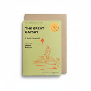 The Great Gatsby Audiobook in a Card, olive green card with an orange figure illustration and kraft envelope