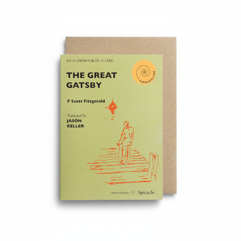 The Great Gatsby Audiobook in a Card, olive green card with an orange figure illustration and kraft envelope